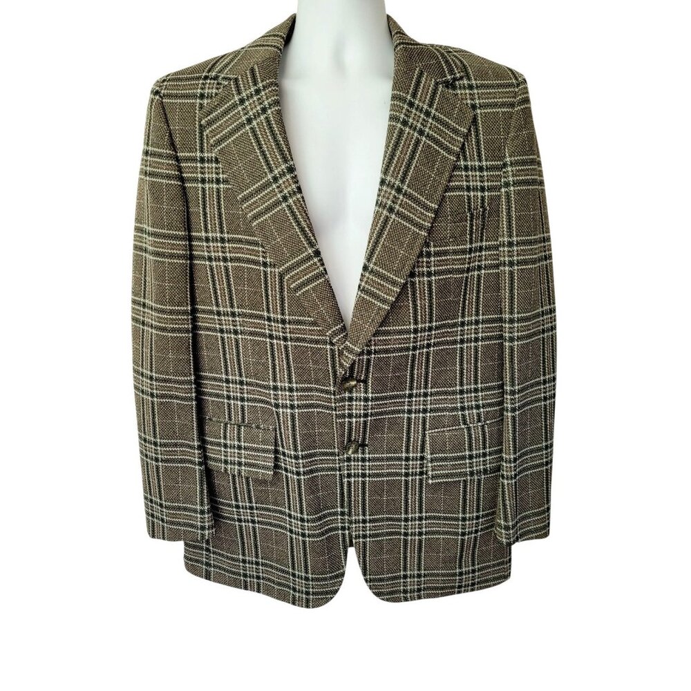 1970s Vtg Mens Plaid 42 R Sport Coat Jacket Polyester 70s Blazer Green
